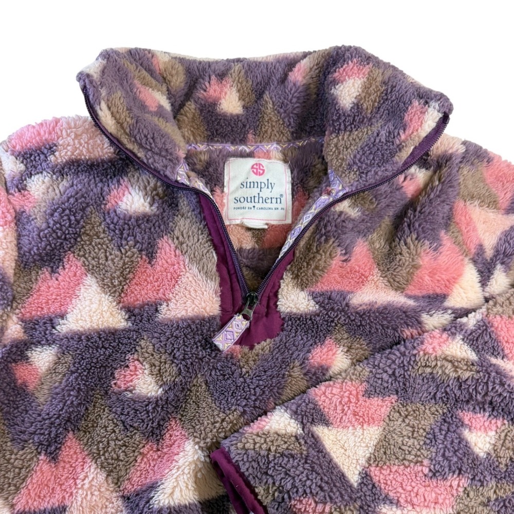 Simply Southern Womens L Sherpa Fleece Quarter Zip Pullover Geometric Purple J2